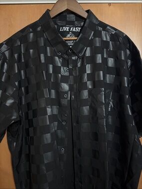 Men's Black Checker Satin-Gloss Button Down Shirt